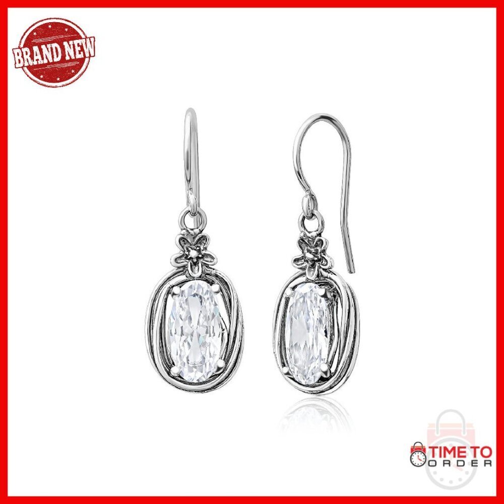 Sterling Silver Dangle Earrings Floral Wire Wrap Cubic Zirconia Hypoallergenic